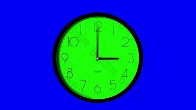 墙时钟时间<strong>滴答作</strong>响的快十二个小时时间孩子小时绿色关键时钟蓝色的关键背景